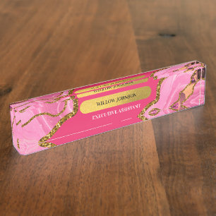 Pink & Gold Agate Geode Glitter Nameplate