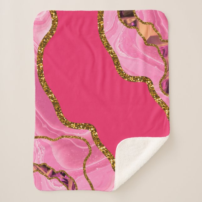 Pink & Gold Agate Geode Glitter Sherpa Blanket (Front)