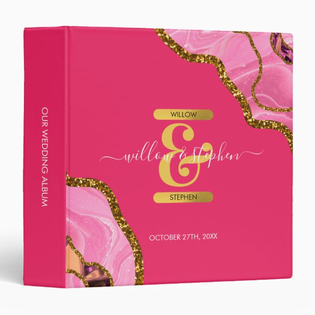 Pink & Gold Agate Geode Glitter Wedding Album  Binder (Front/Spine)