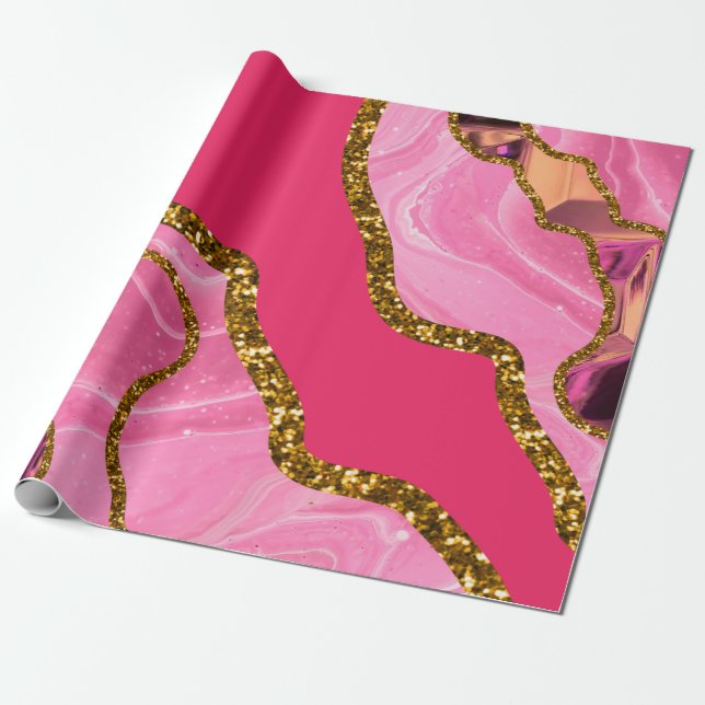 Pink & Gold Agate Geode Glitter Wrapping Paper (Unrolled)