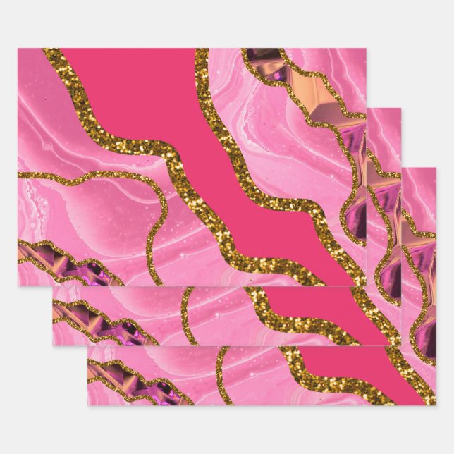 Pink & Gold Agate Geode Glitter Wrapping Paper Sheet (Set)