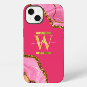 Pink & Gold Agate Geode Monogram   iPhone 13 Case