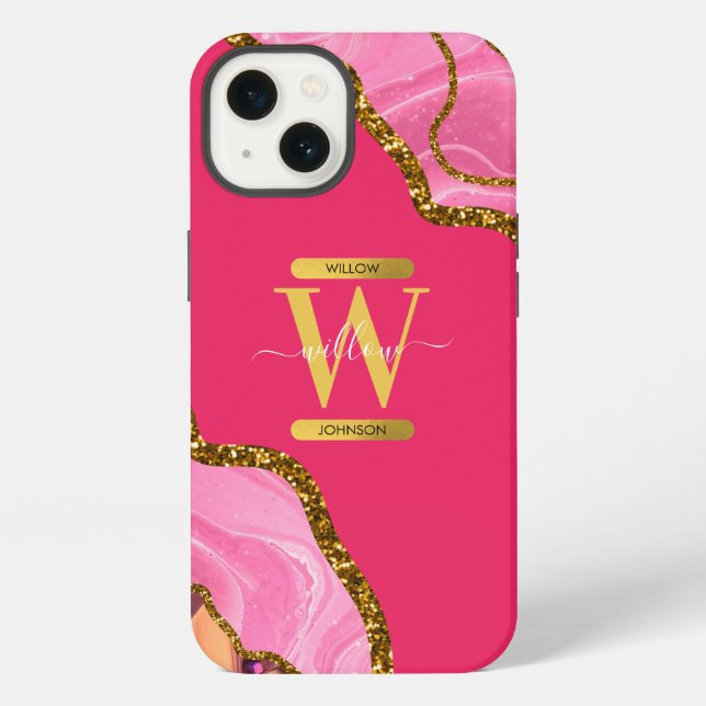 Pink & Gold Agate Geode Monogram   iPhone Case (Back)