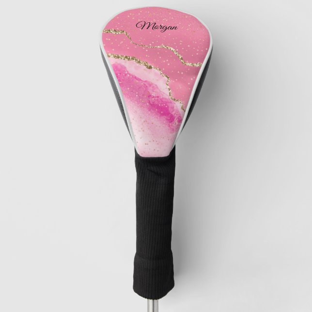 Pink & Gold Agate Gold Stars DIY Name Black Script Golf Head Cover (Front)