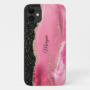 Pink & Gold Agate, Gold Stars & DIY Script Name iPhone 11 Case
