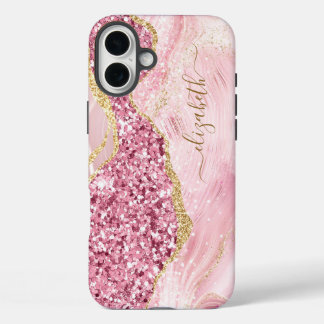 Pink Gold Agate Marble Name Script iPhone 16 Plus Case