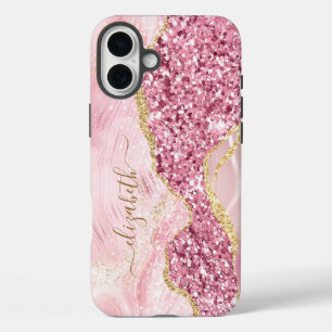 Pink Gold Agate Marble Name Script iPhone 16 Plus Case