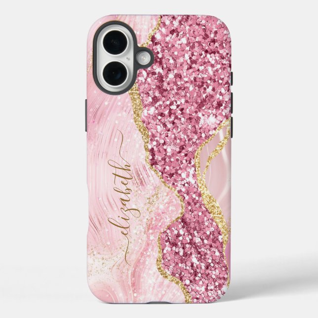 Pink Gold Agate Marble Name Script Case-Mate iPhone Case (Back)