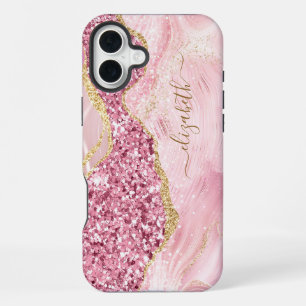 Pink Gold Agate Marble Name Script iPhone 16 Plus Case
