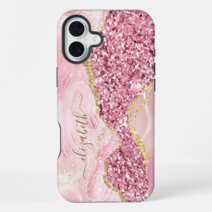Pink Gold Agate Marble Name Script iPhone 16 Plus Case