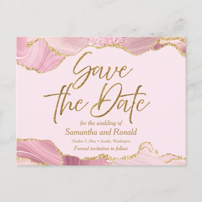 Pink & Gold Agate Save the Date Announcement Postcard (Front)