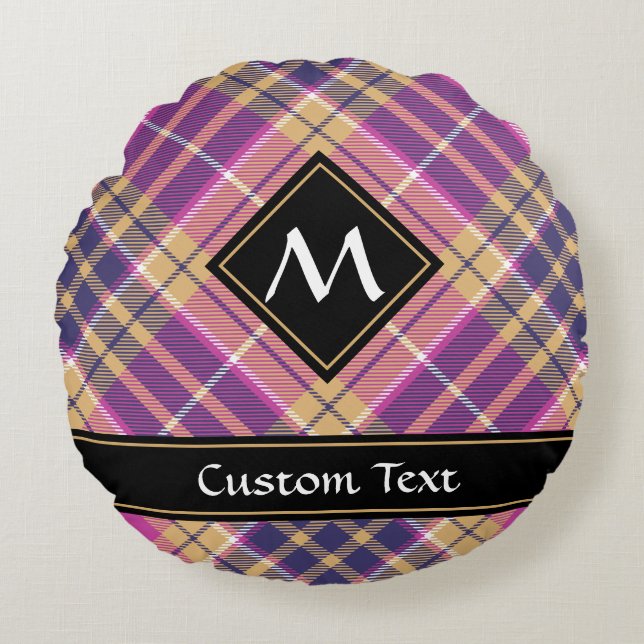 Pink, Gold and Blue Tartan Round Pillow (Front)
