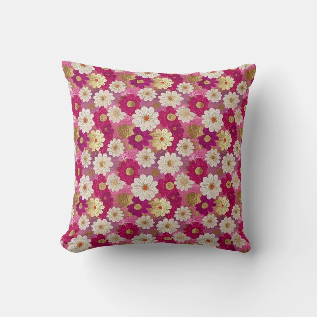 Pink, Gold and White Floral Chiyogami Pattern Throw Pillow (Front)