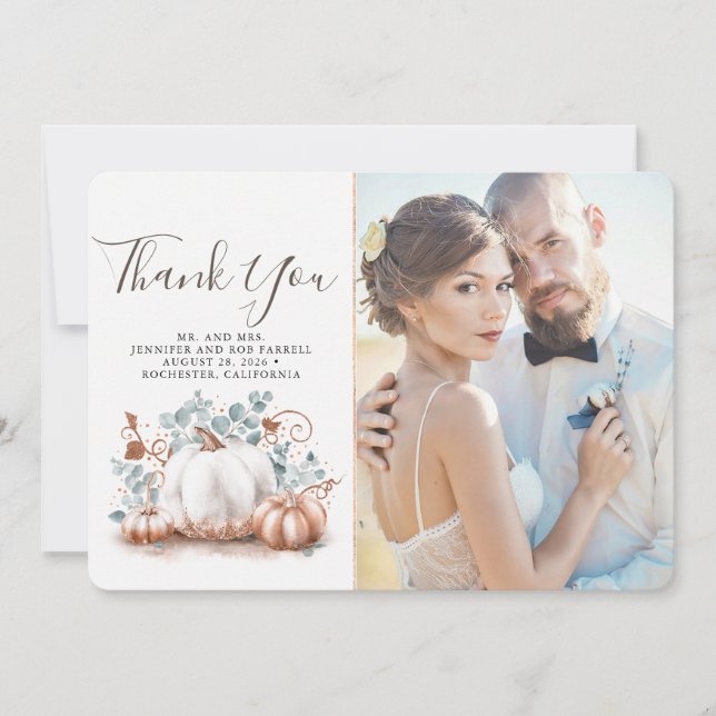 Pink Gold and White Pumpkin Fall Wedding Thank You (Front)
