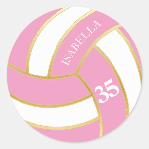 Pink, Gold and White Volleyball - Personalize Classic Round Sticker