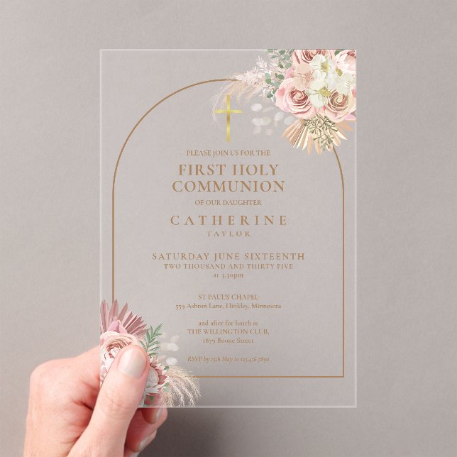 Pink Gold Arch Pampas Grass First Holy Communion Acrylic Invitations (Insitu (Handheld))