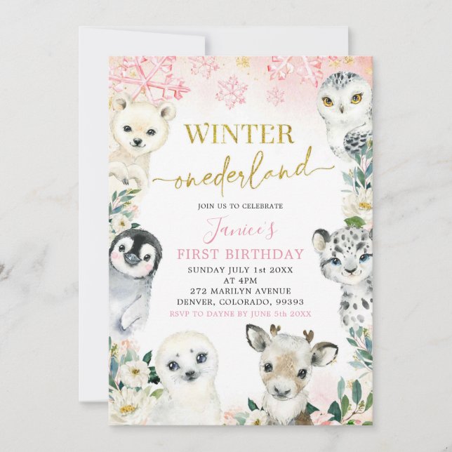 Pink Gold Arctic Animal Winter Onederland First Invitation (Front)