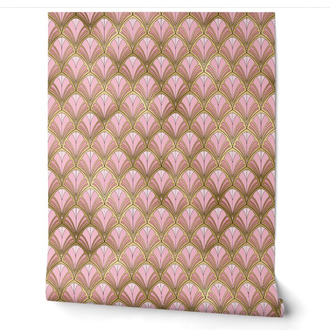 Pink Gold Art Deco Geometric Pattern Wallpaper (Unrolling)
