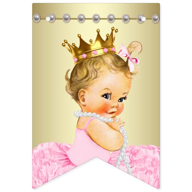 Pink Gold Ballerina Tutu Pearls Girl Baby Shower Bunting Flags (First Flag)