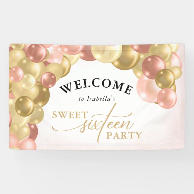 Pink & Gold Balloon Arch Sweet 16 Party Welcome Banner (Horizontal)
