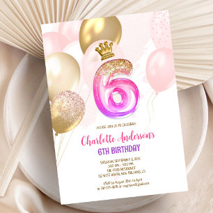 Pink Gold Balloon Girl 6th Birthday Invitation