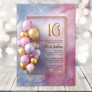 Pink Gold Balloons 16th Birthday Party Invitation