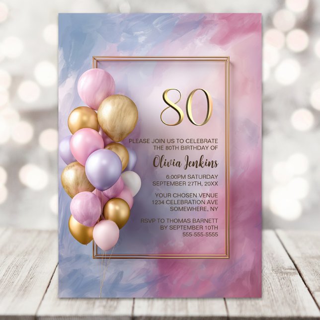 Pink Gold Balloons 80th Birthday Party Invitation (Creator Uploaded)