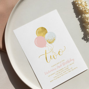 Pink & Gold Balloons   Girl 2nd Birthday Party Invitation