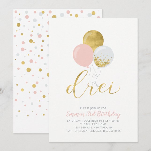 Pink & Gold Balloons | Girl 3rd Birthday Party Invitation (Front/Back)