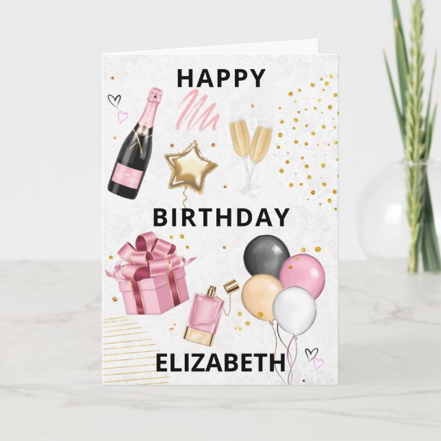 Pink Gold Balloons Happy Birthday Holiday Card (Front)