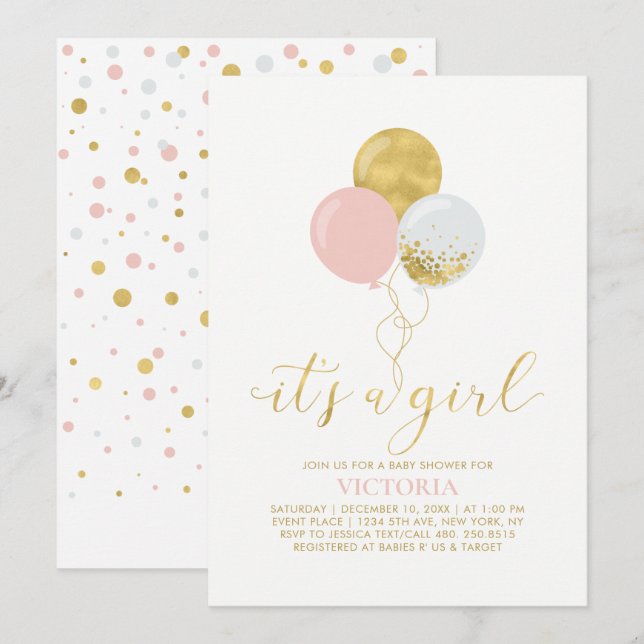 Pink & Gold Balloons | It's a Girl Baby Shower Invitation (Front/Back)