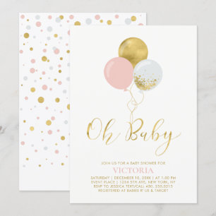 Pink & Gold Balloons Oh Baby Girl Baby Shower Invitation