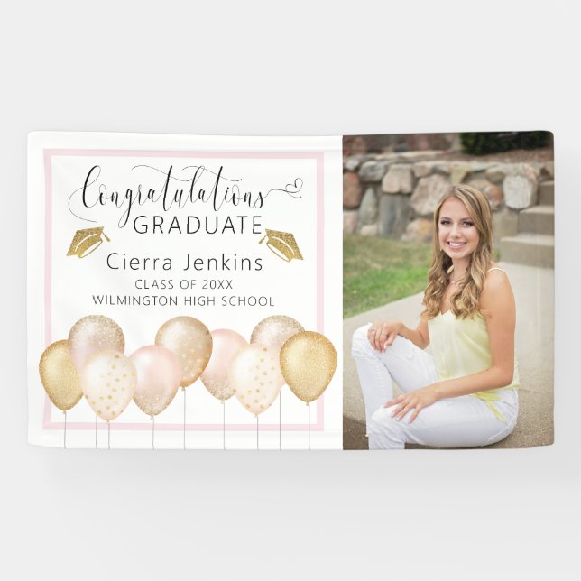 Pink Gold Balloons One Photo Graduation Banner (Horizontal)