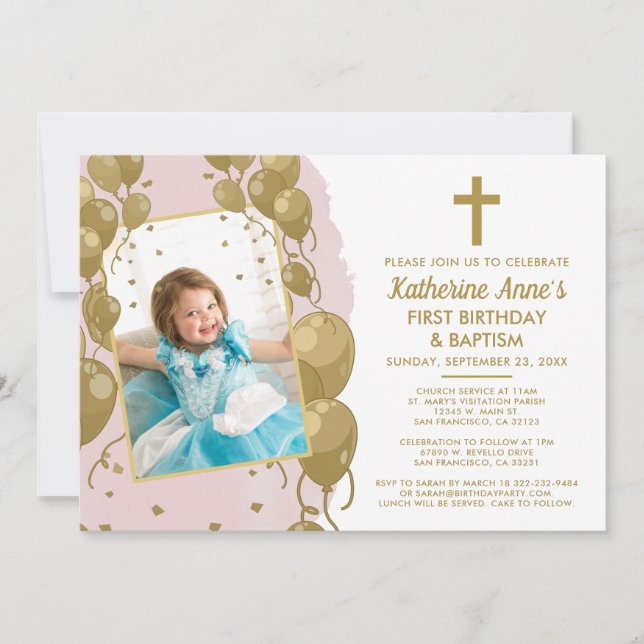 Pink Gold Baptism 1st Birthday Text Photo Invitation (Front)