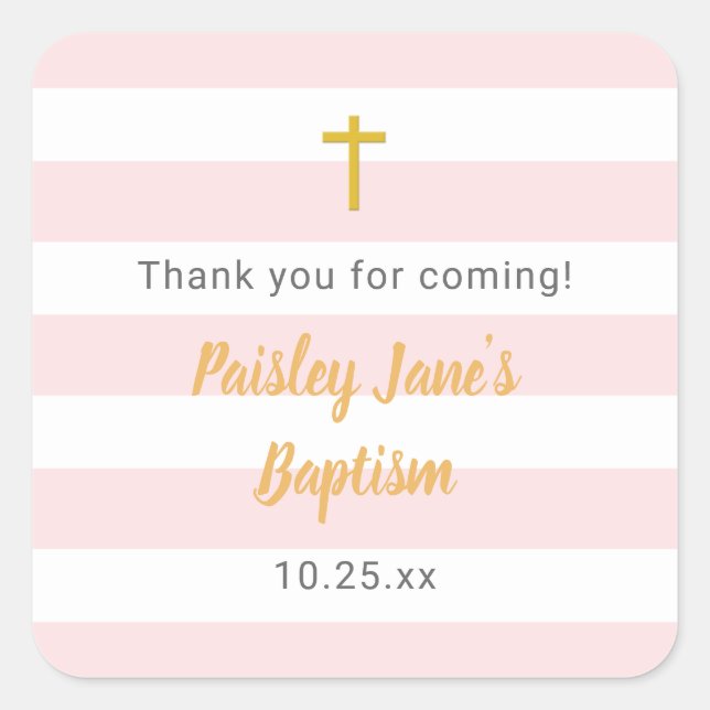 Pink Gold Baptism thank you favour sticker (Front)