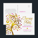 Pink Gold Bat Mitzvah Change of Plans Tree of Life Invitation Postcard<br><div class="desc">Make sure all your friends and relatives will still be able to celebrate your daughter’s milestone Bat Mitzvah, regardless of current global unforeseen circumstances. Send out this stunning, graphic faux gold foil tree with sparkly pink, orange, and red Star of David and dot “leaves” on a white background, personalized “Change...</div>
