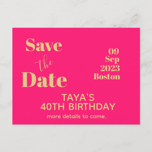 Pink Gold Birthday  Save The Date   Postcard (Front)
