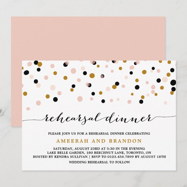 Pink, Gold & Black Confetti Dots Rehearsal Dinner Invitation (Front/Back)