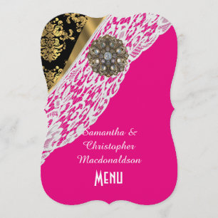 Pink gold black damask white lace wedding menu