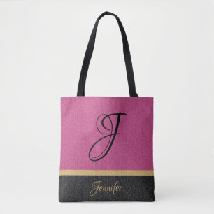 Pink Gold Black Glitter Name Monogram Personalized Tote Bag