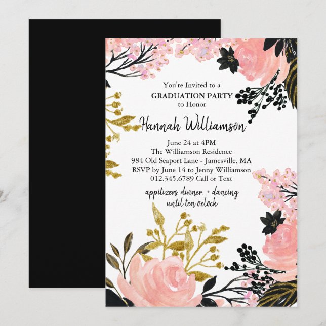 Pink, Gold, & Black Graduation Party Invitations (Front/Back)