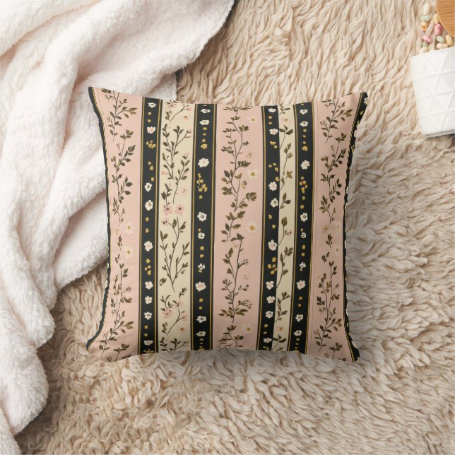 Pink Gold Black Stripes Florals  Throw Pillow (Blanket)