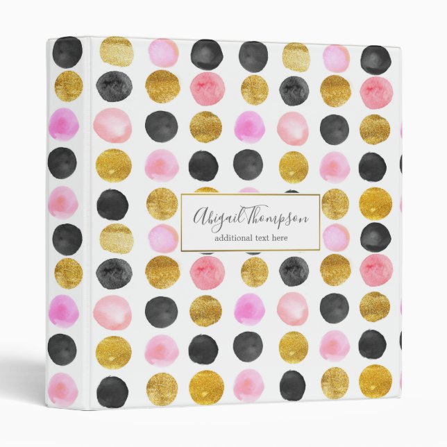 Pink Gold & Black  Watercolor Paint Dot Pattern Binder (Front/Spine)