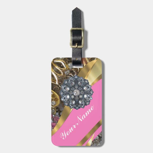 Pink & gold bling luggage tag (Front Vertical)