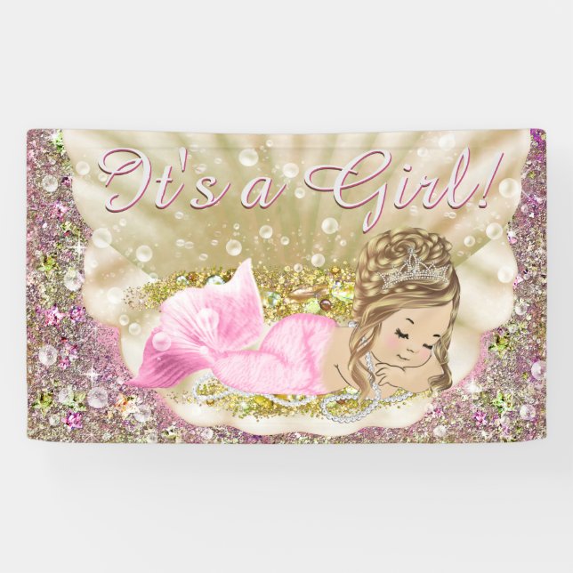 Pink Gold Blonde Mermaid Baby Shower Banner (Horizontal)