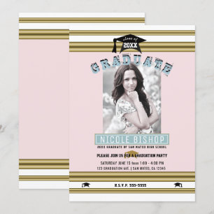 Pink Gold Blue Elegant Photo Graduation Party  Invitation