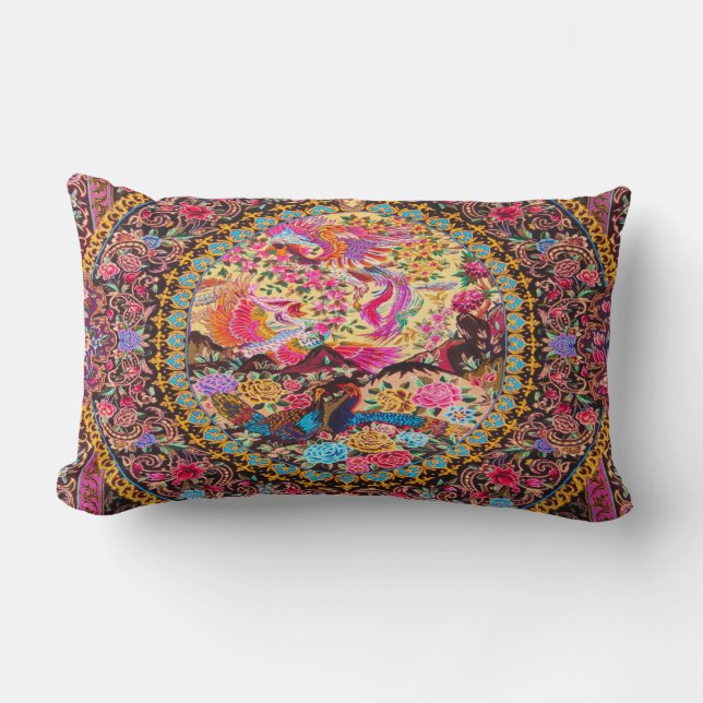 Pink Gold Blue Persian Floral Flowers Peacock Art Lumbar Pillow (Front)