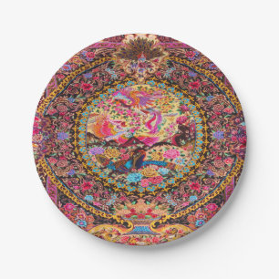Pink Gold Blue Persian Floral Flowers Peacock Art Paper Plate