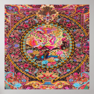 Pink Gold Blue Persian Floral Flowers Peacock Poster