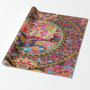 Pink Gold Blue Persian Floral Peacock Decoupage  Wrapping Paper